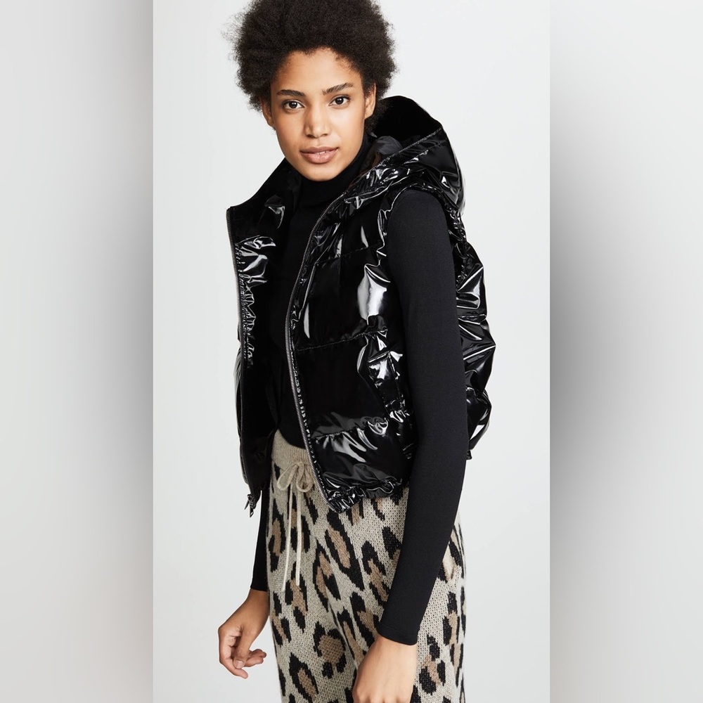 THEORY Patent Vegan Leather Down Puffer Hooded Cropped Vest